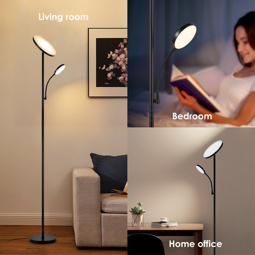 Una lámpara de pie con dos luces en sala, dormitorio y oficina en casa.