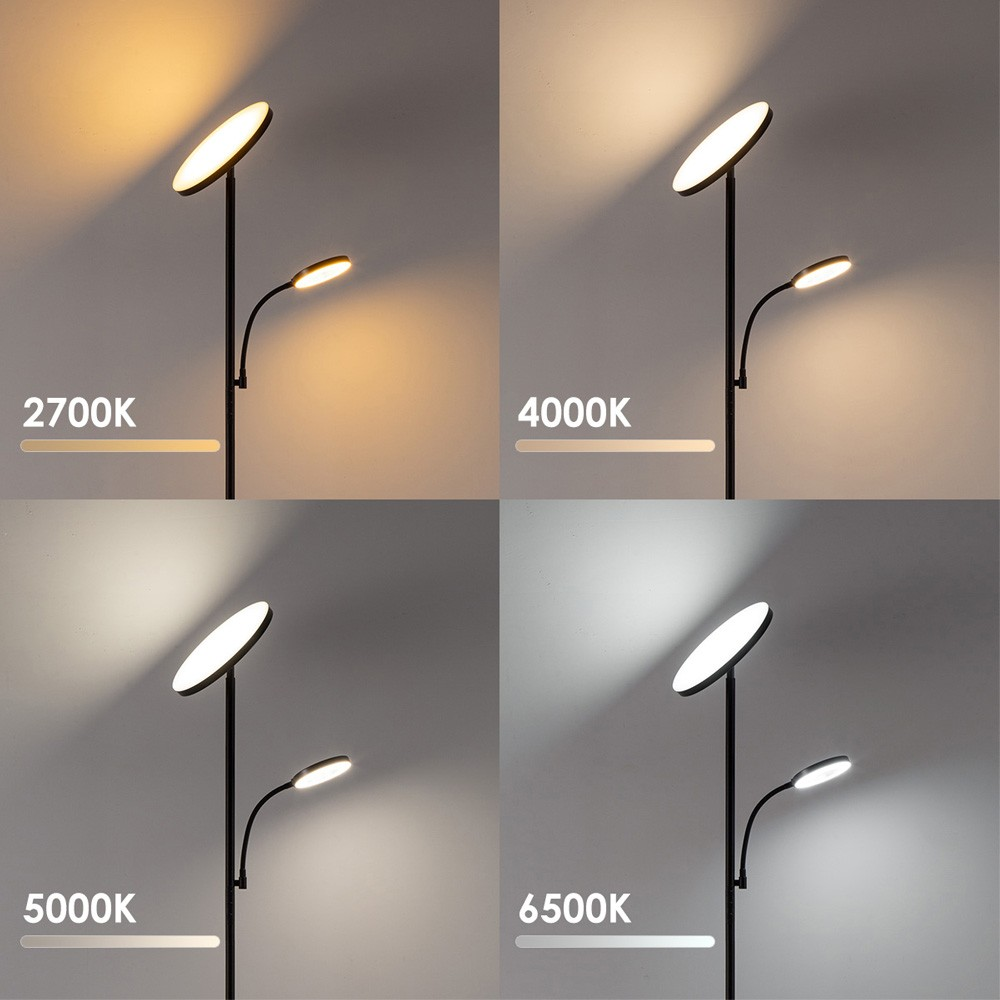 Cuatro vistas de una lámpara de pie que muestran cuatro temperaturas de color diferentes: 2700K, 4000K, 5000K, 6500K.