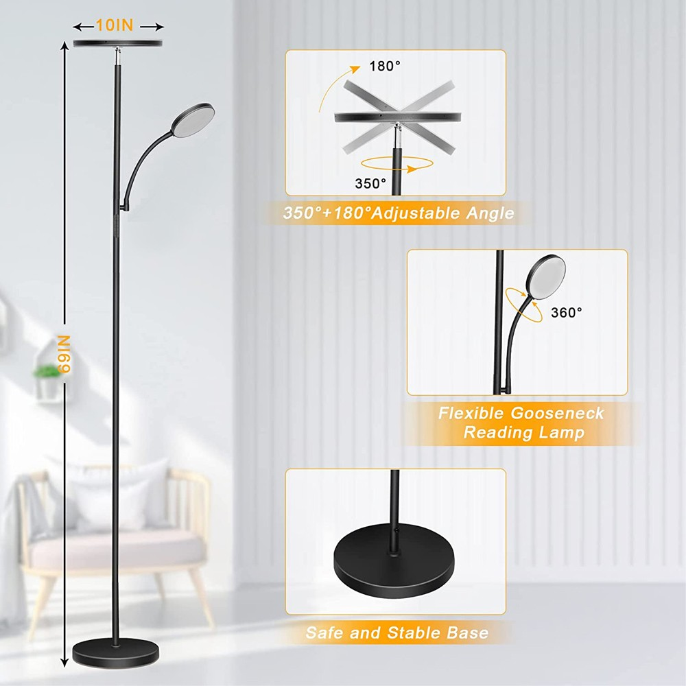 Una lámpara de pie negra alta con dos luces, ángulos ajustables y base estable.
