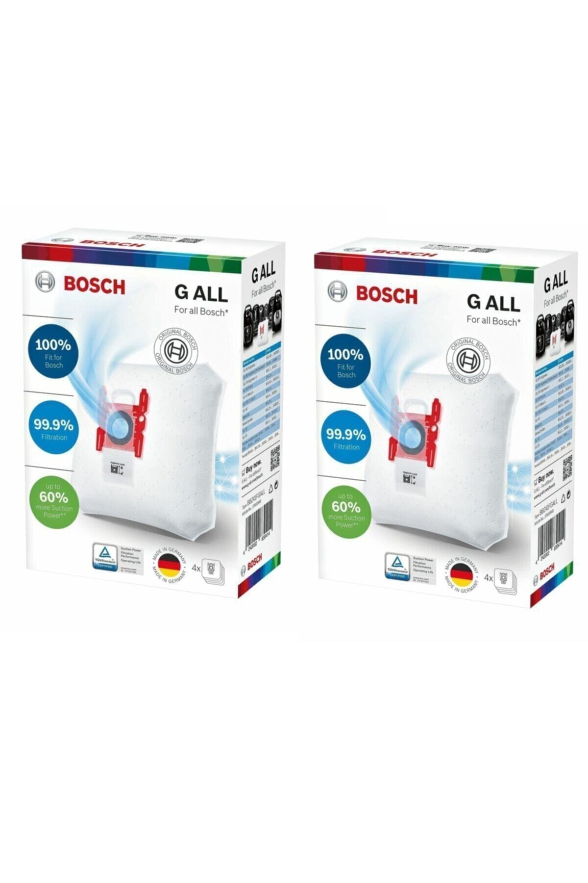 Beyaz torbalı ve kırmızı konektörlü iki adet Bosch G ALL elektrikli süpürge torbası paketi.