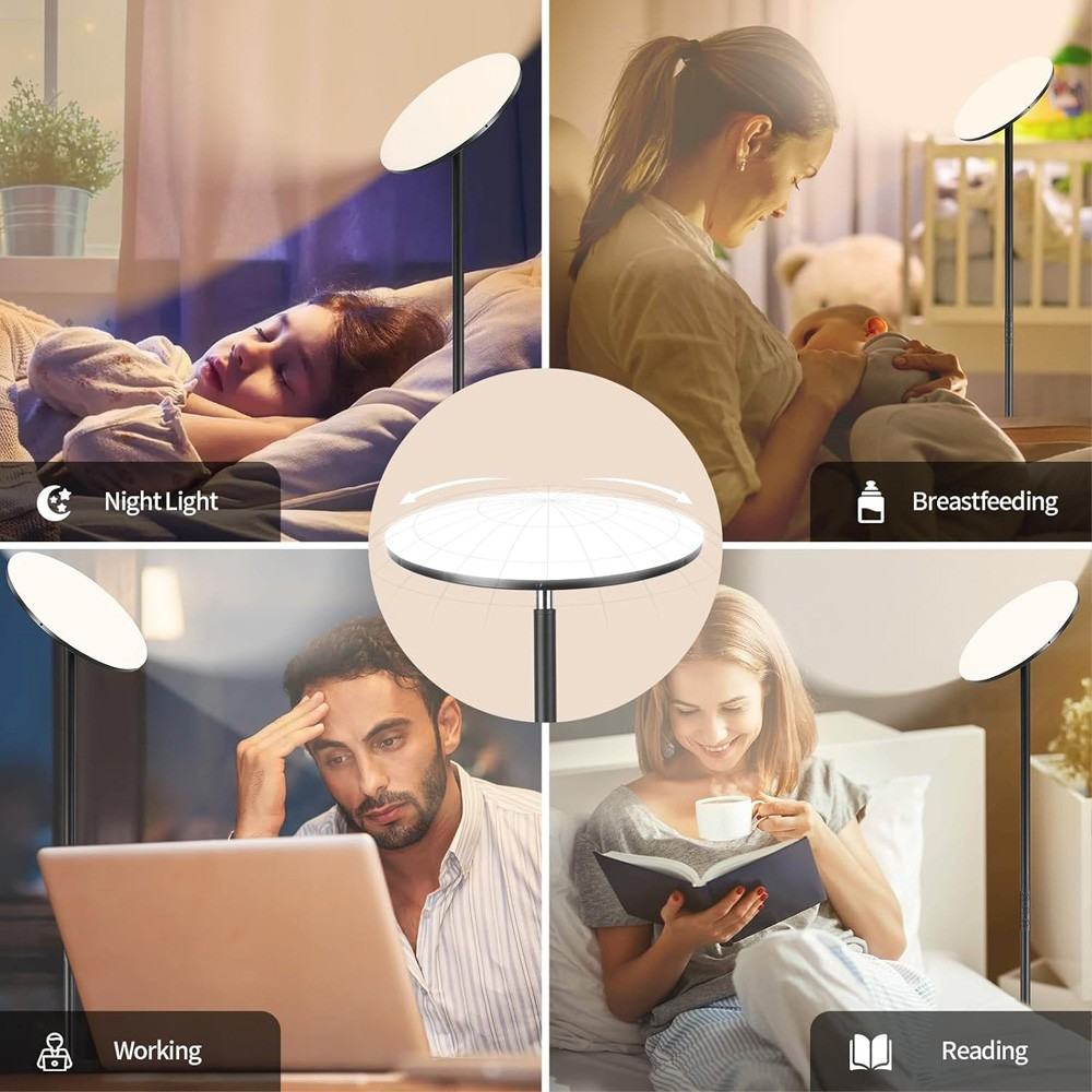 Cuatro escenas: niño durmiendo, madre amamantando, hombre trabajando, mujer leyendo. Lámpara ilumina.