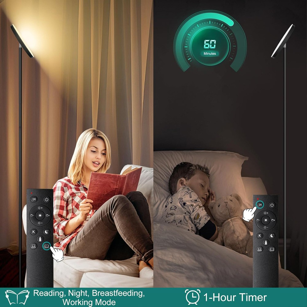 Mujer leyendo, niño durmiendo. Lámpara con control remoto y temporizador.