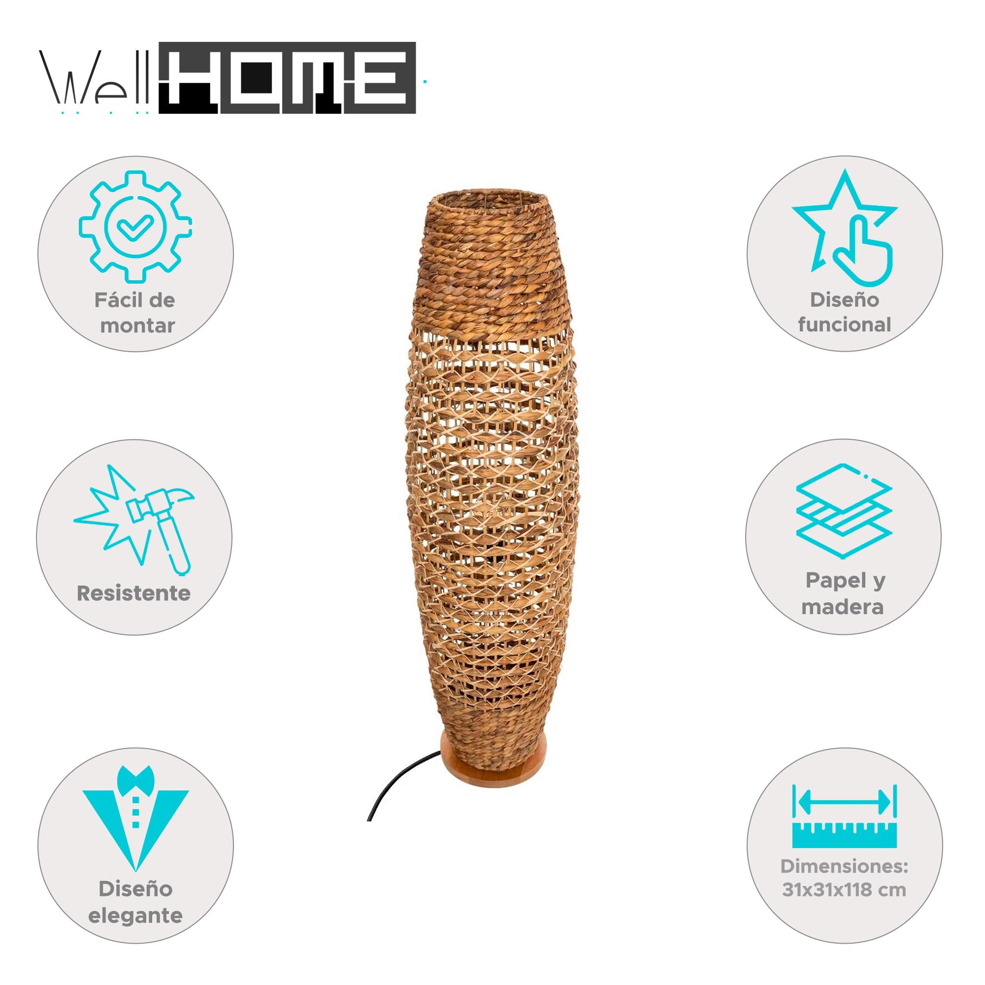 Lámpara de pie tejida de materiales naturales con iconos de montaje, diseño y medidas.