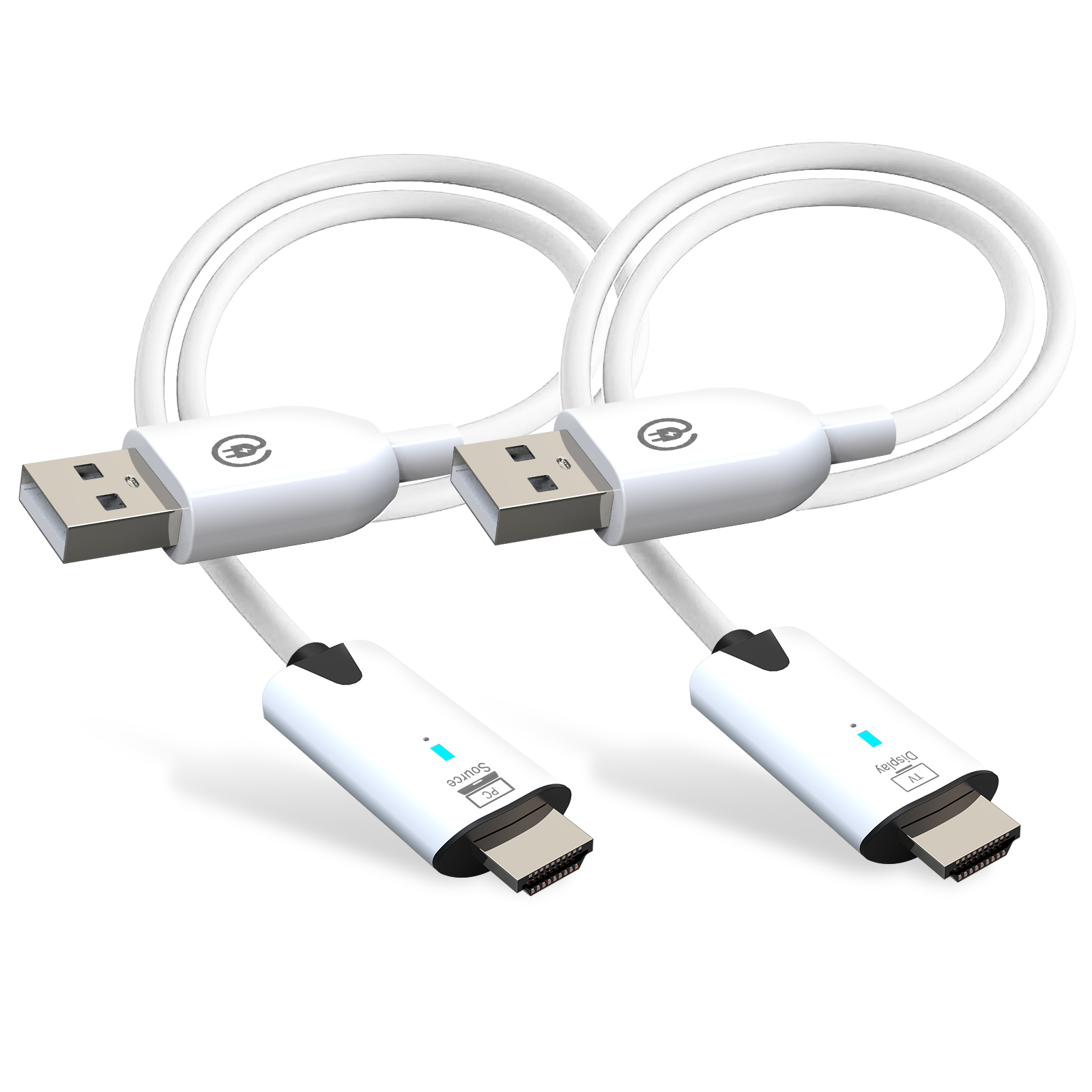 Dwa białe kable USB do HDMI z złączami PC i TV.