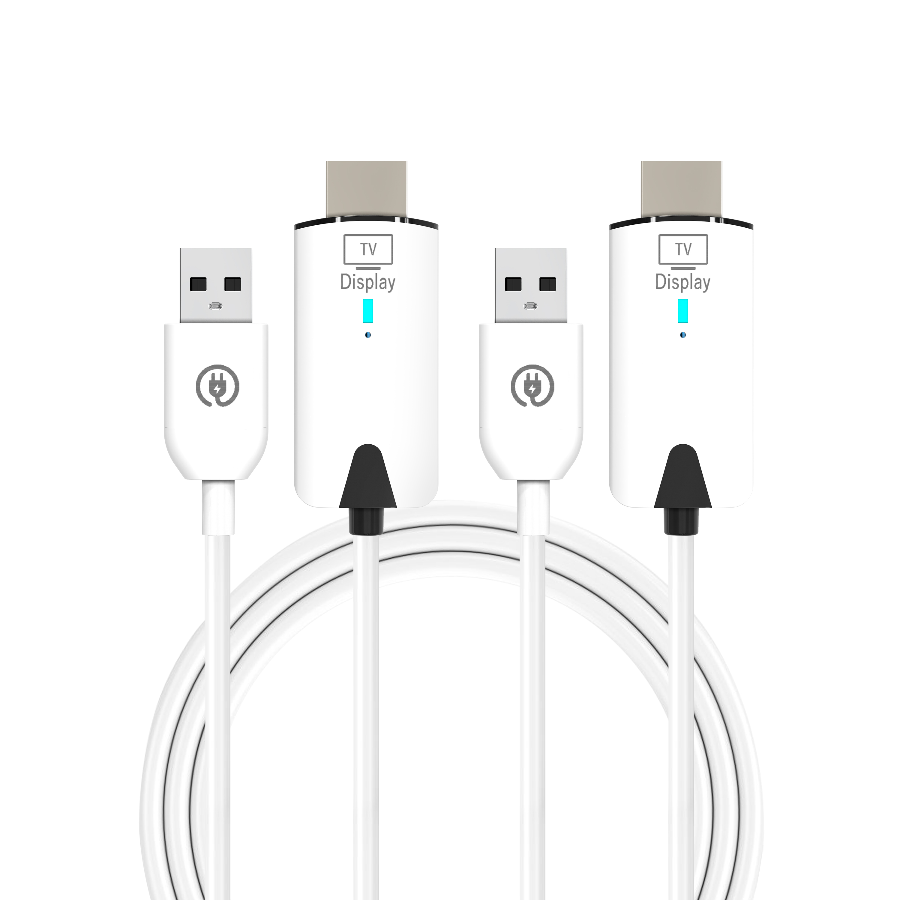 Dwa białe adaptery HDMI ze złączami USB i nawiniętym kablem.