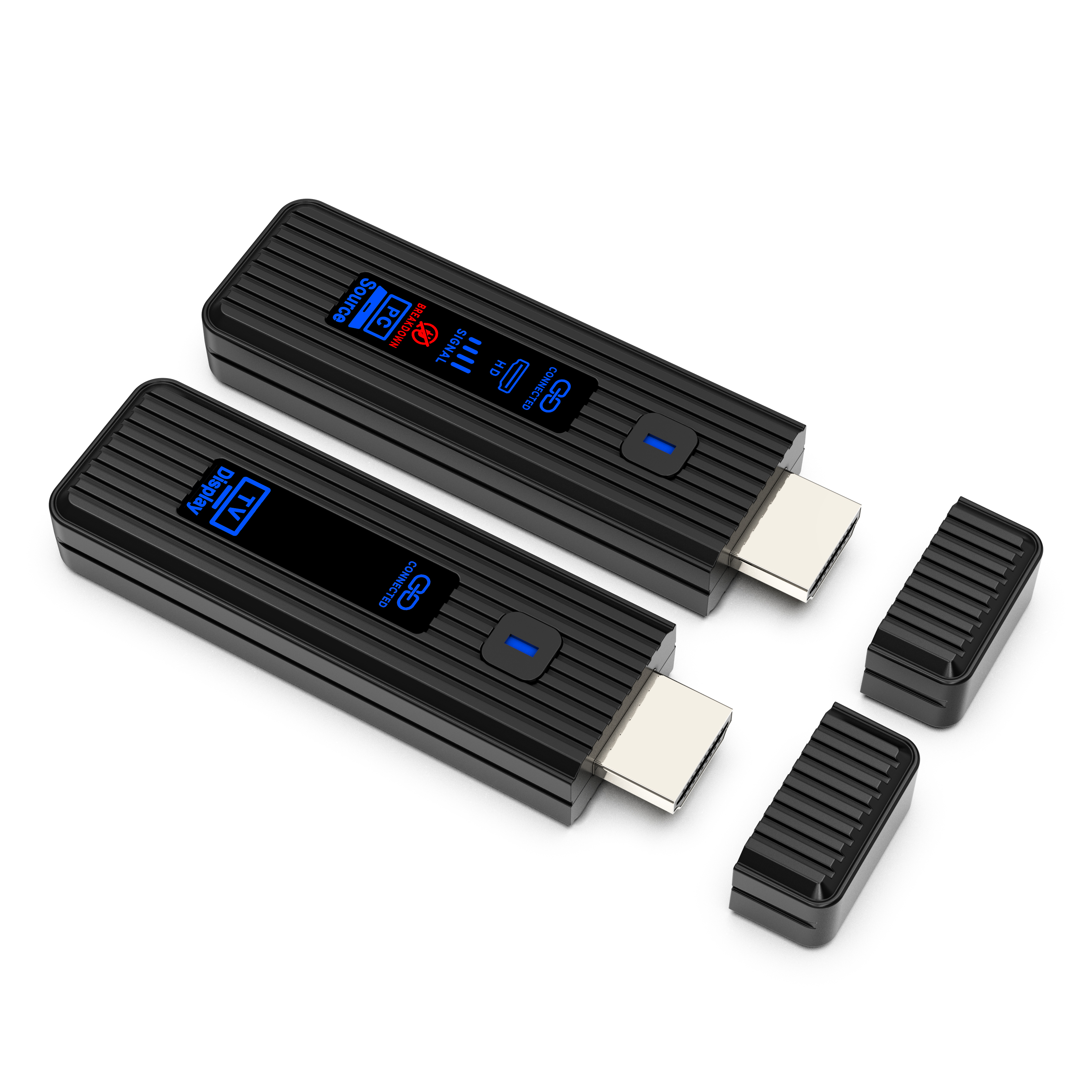 Dwa czarne adaptery HDMI z niebieskimi wskaźnikami i tekstem. Jeden jest podłączony, drugi leży obok.