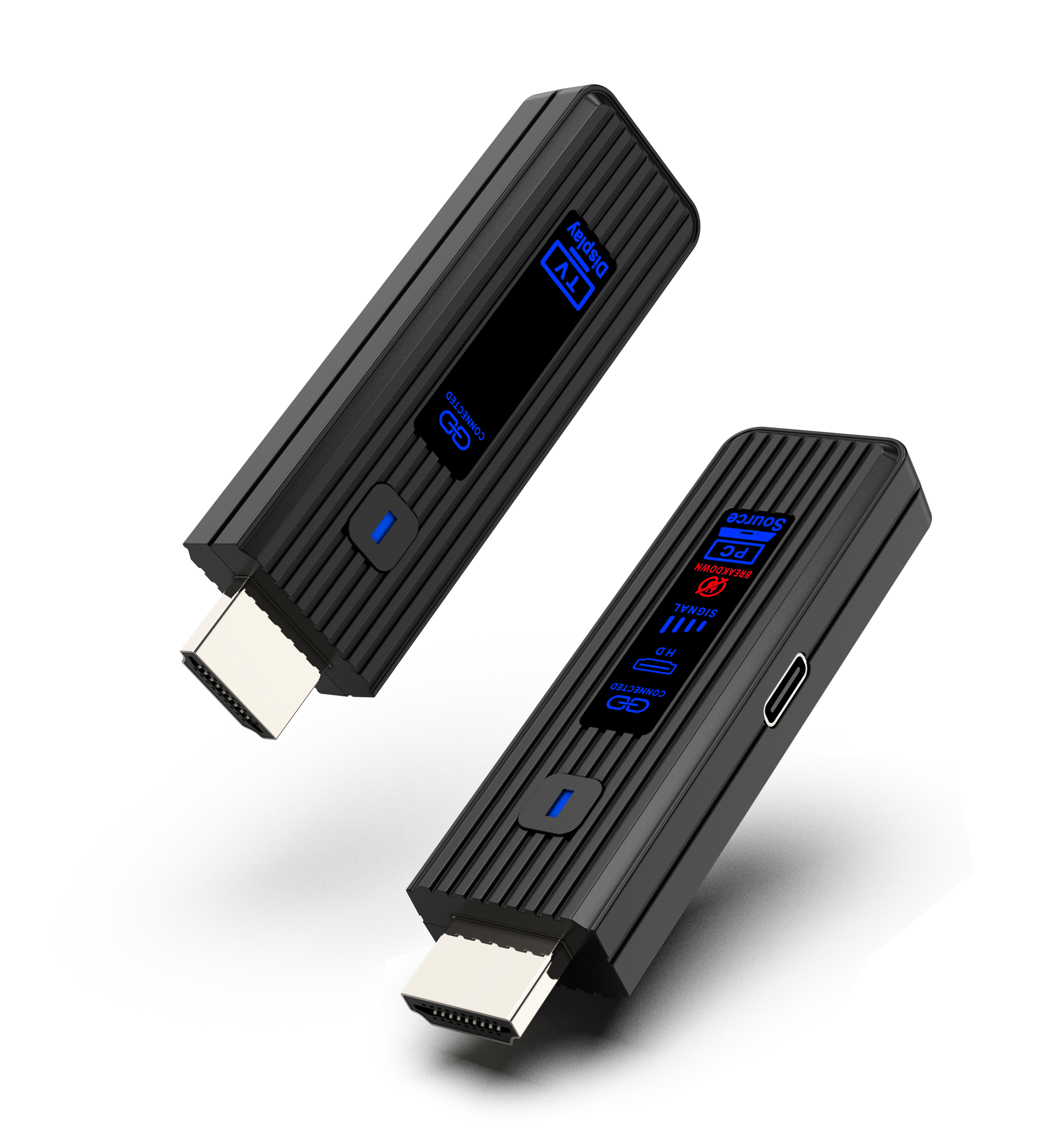 Dwa czarne adaptery HDMI z prążkowaną teksturą i niebieskimi wyświetlaczami.