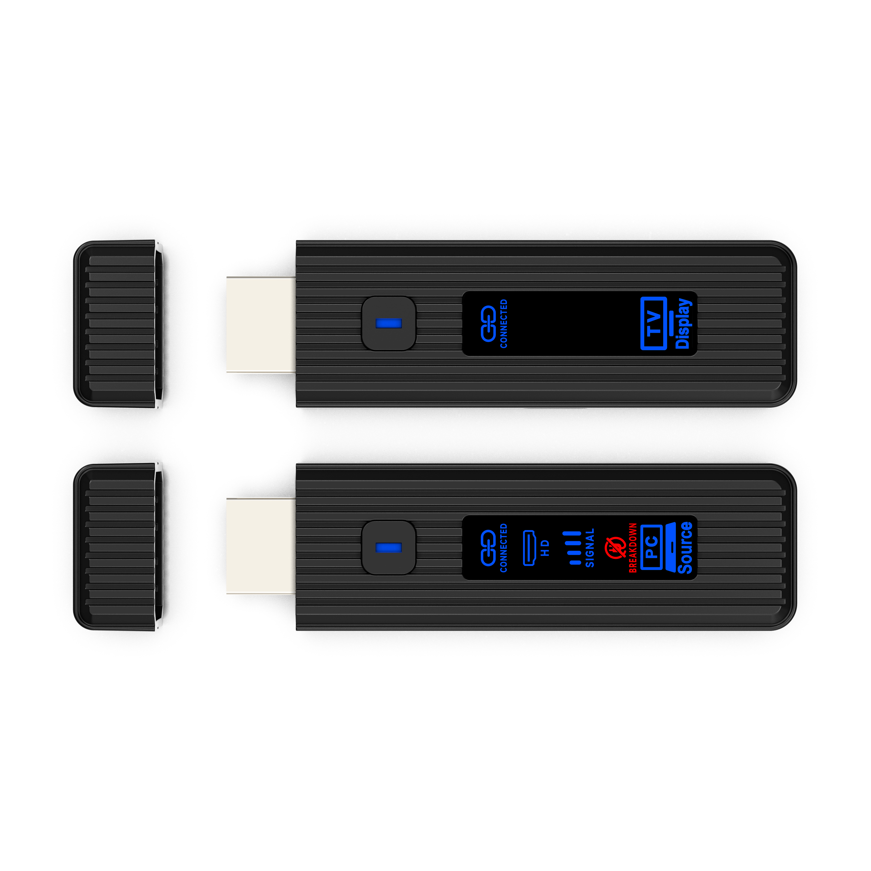 Dwa czarne dongle HDMI. Jeden pokazuje TV Display, drugi PC Source.