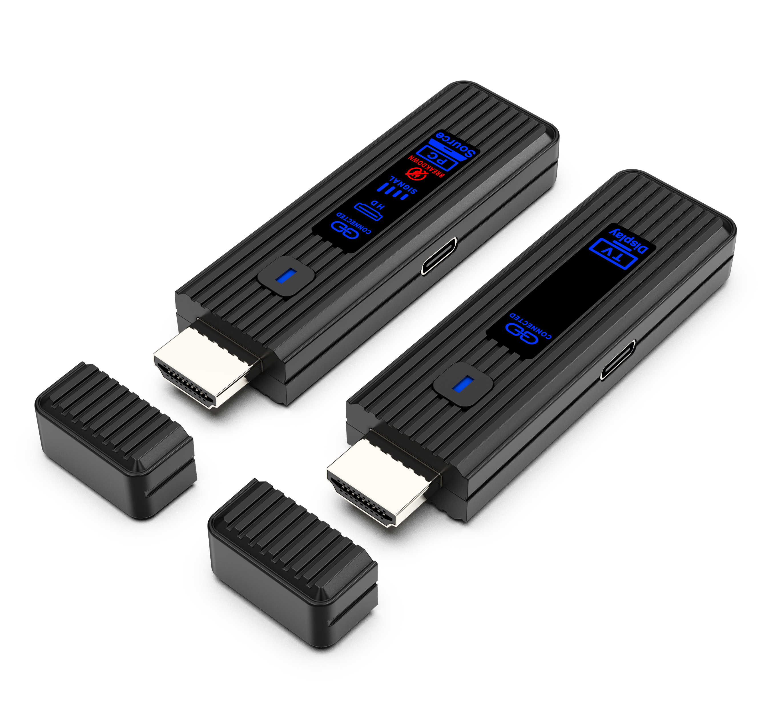 Dwa czarne adaptery HDMI z niebieskimi ekranami leżą na białej powierzchni.