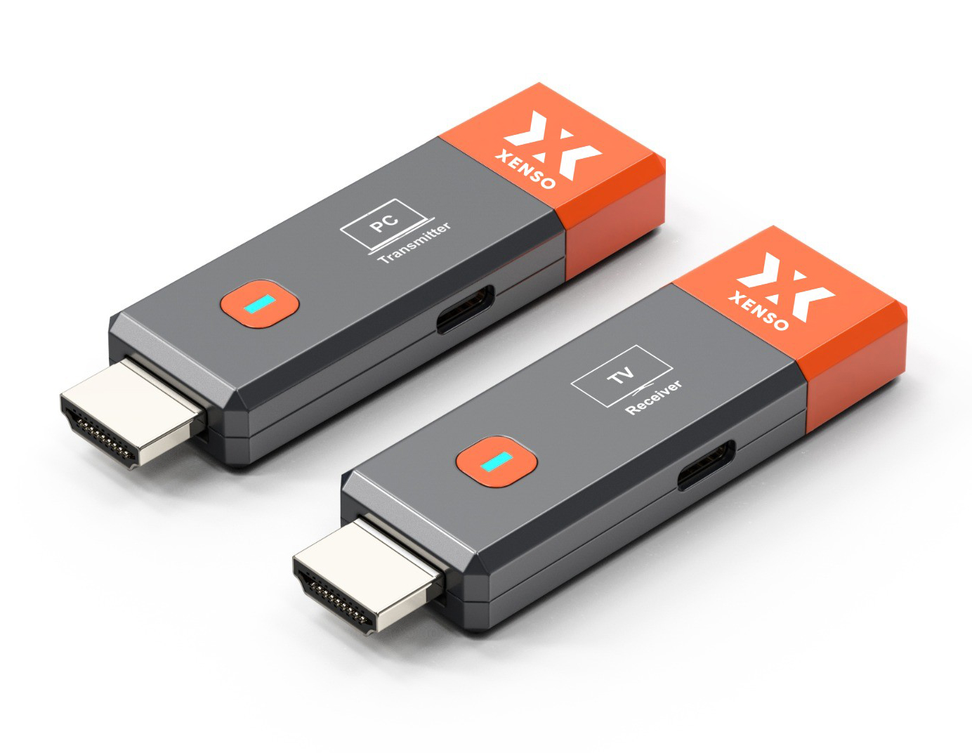 Dwa szaro-pomarańczowe urządzenia nadajnik/odbiornik HDMI ze złączami HDMI i portami USB-C.