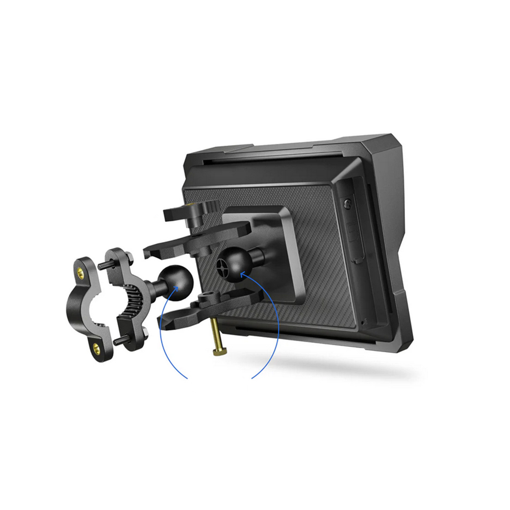 Czarny uchwyt na telefon motocyklowy z przegubami kulowymi i zaciskiem.