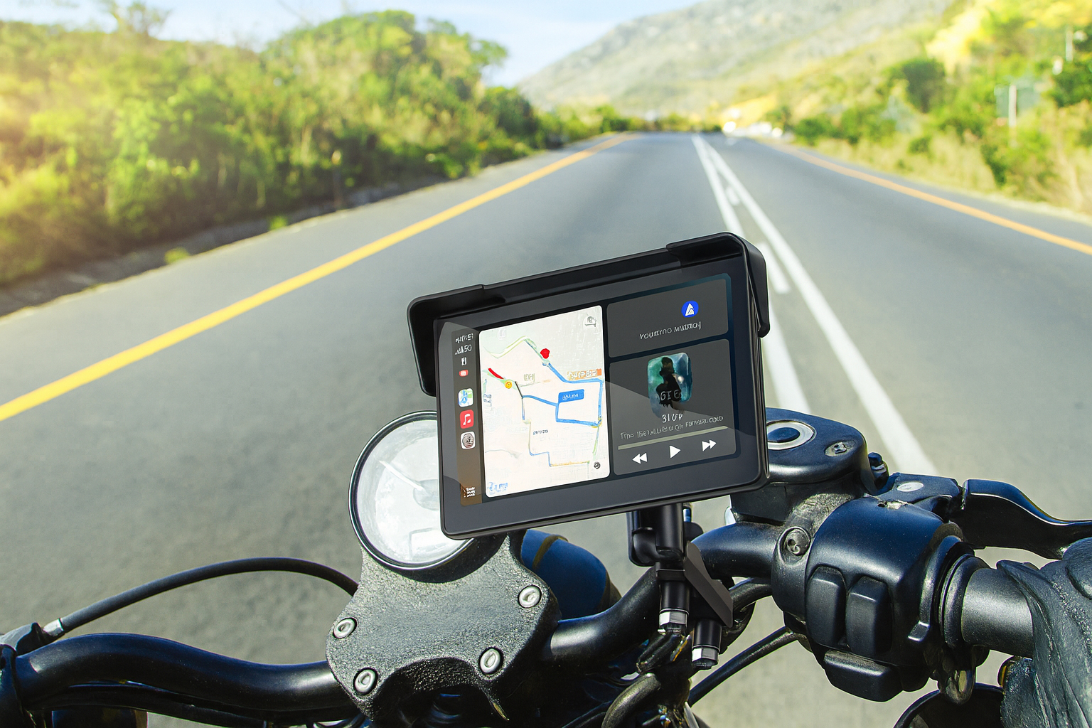 Nawigacja motocyklowa pokazująca mapę i muzykę na drodze.