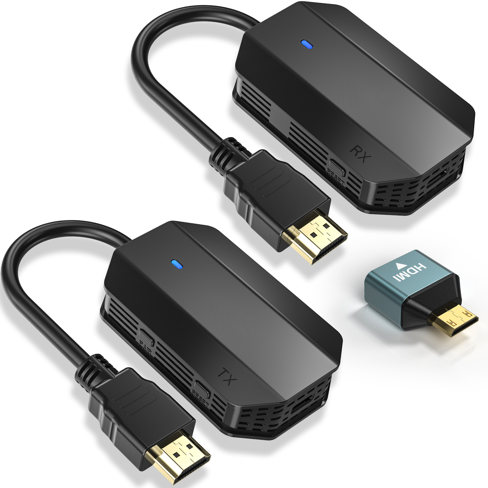 Dwa czarne nadajniki/odbiorniki HDMI z kablami i niebieski adapter HDMI.