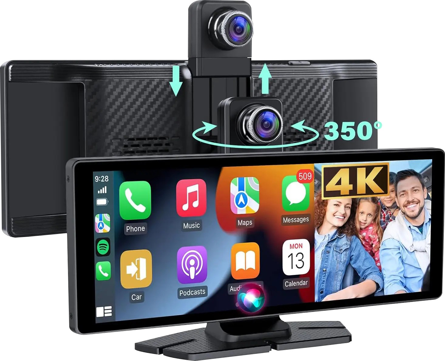 Kamera samochodowa na deskę rozdzielczą z podwójnymi kamerami i ekranem 4K pokazującym aplikacje i rodzinę.