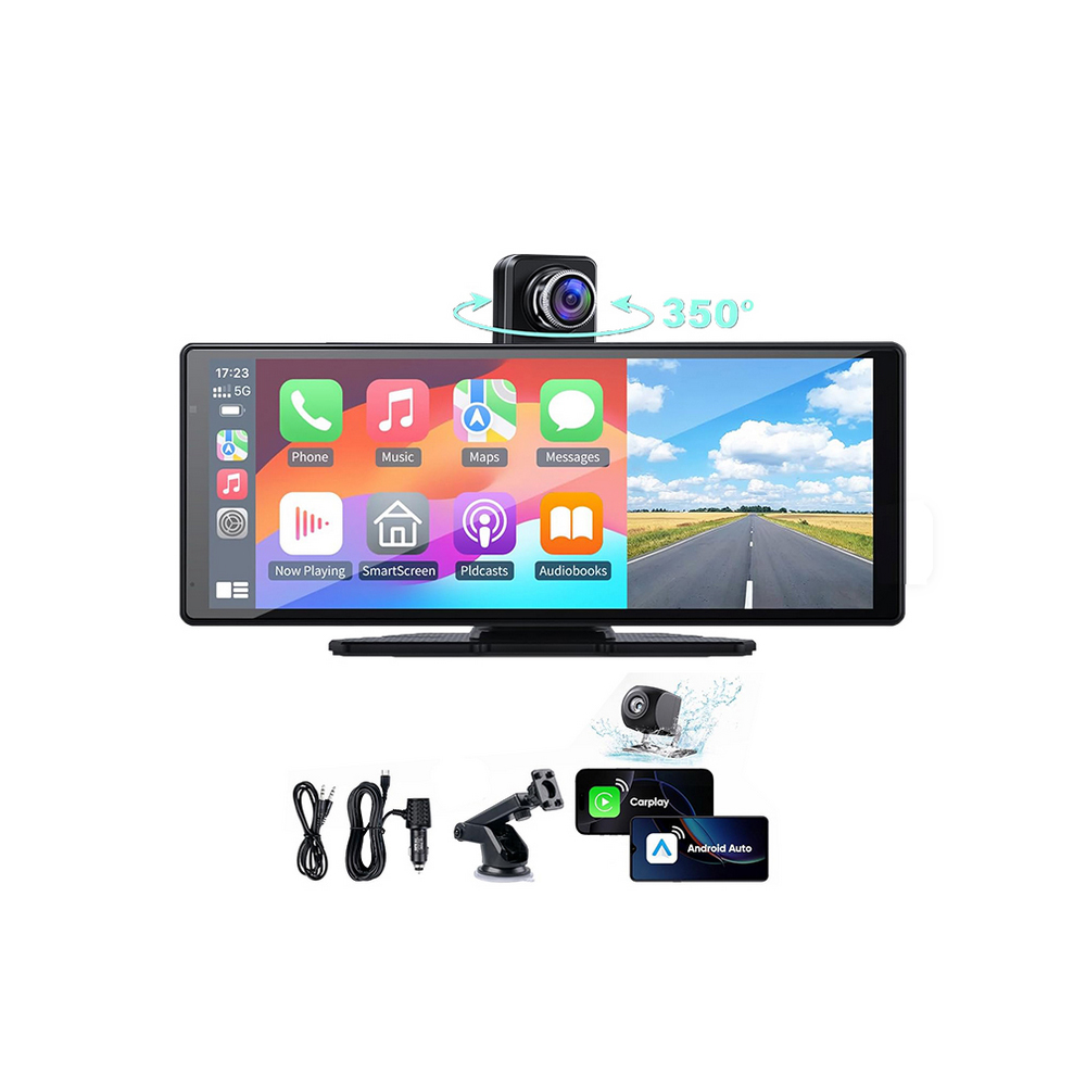 System infotainmentu samochodowego z aplikacjami, kamerą i akcesoriami: kable, uchwyt, ekrany CarPlay/Android Auto.