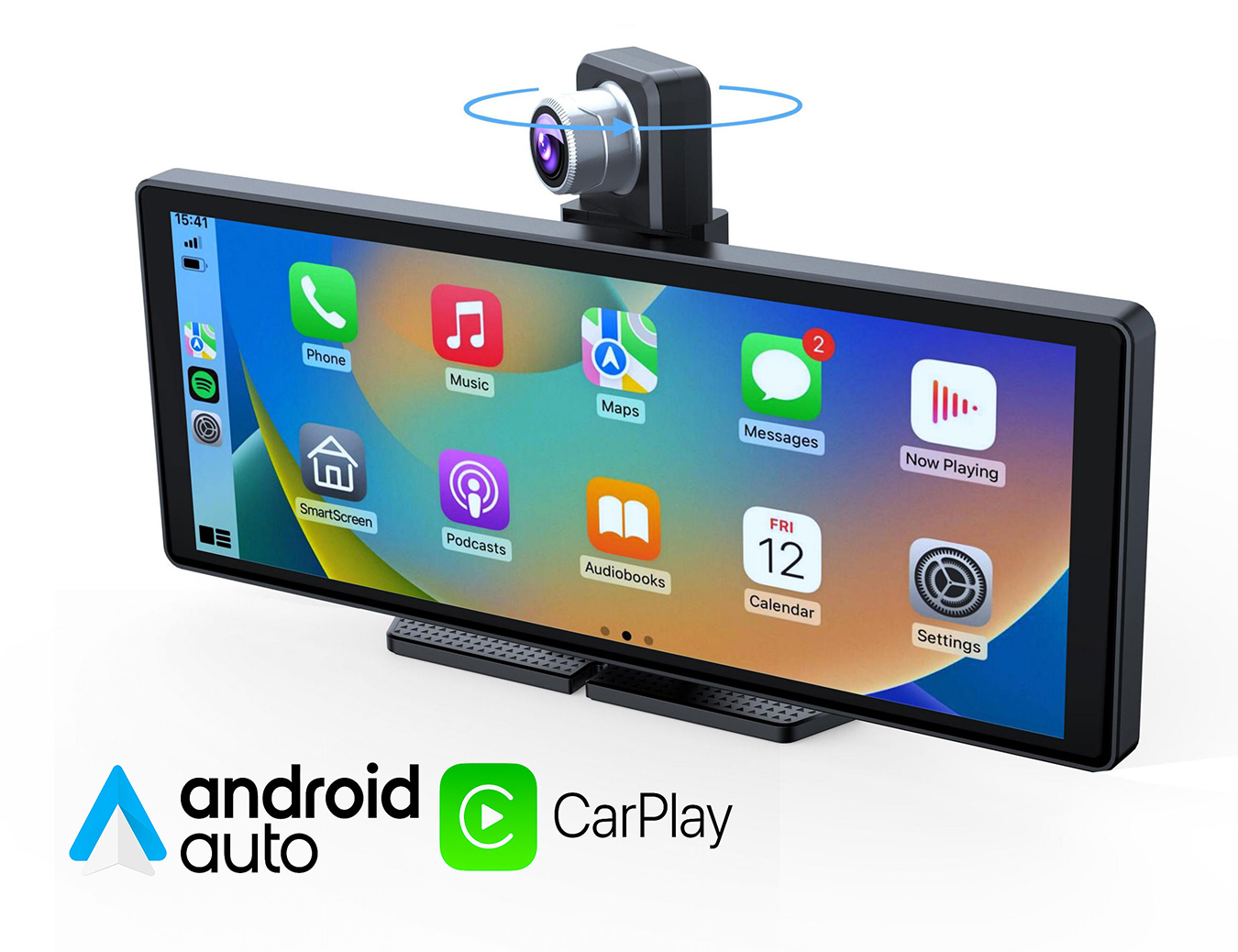 Czarny ekran dotykowy z ikonami aplikacji i kamerą na górze. Loga Android Auto i CarPlay.