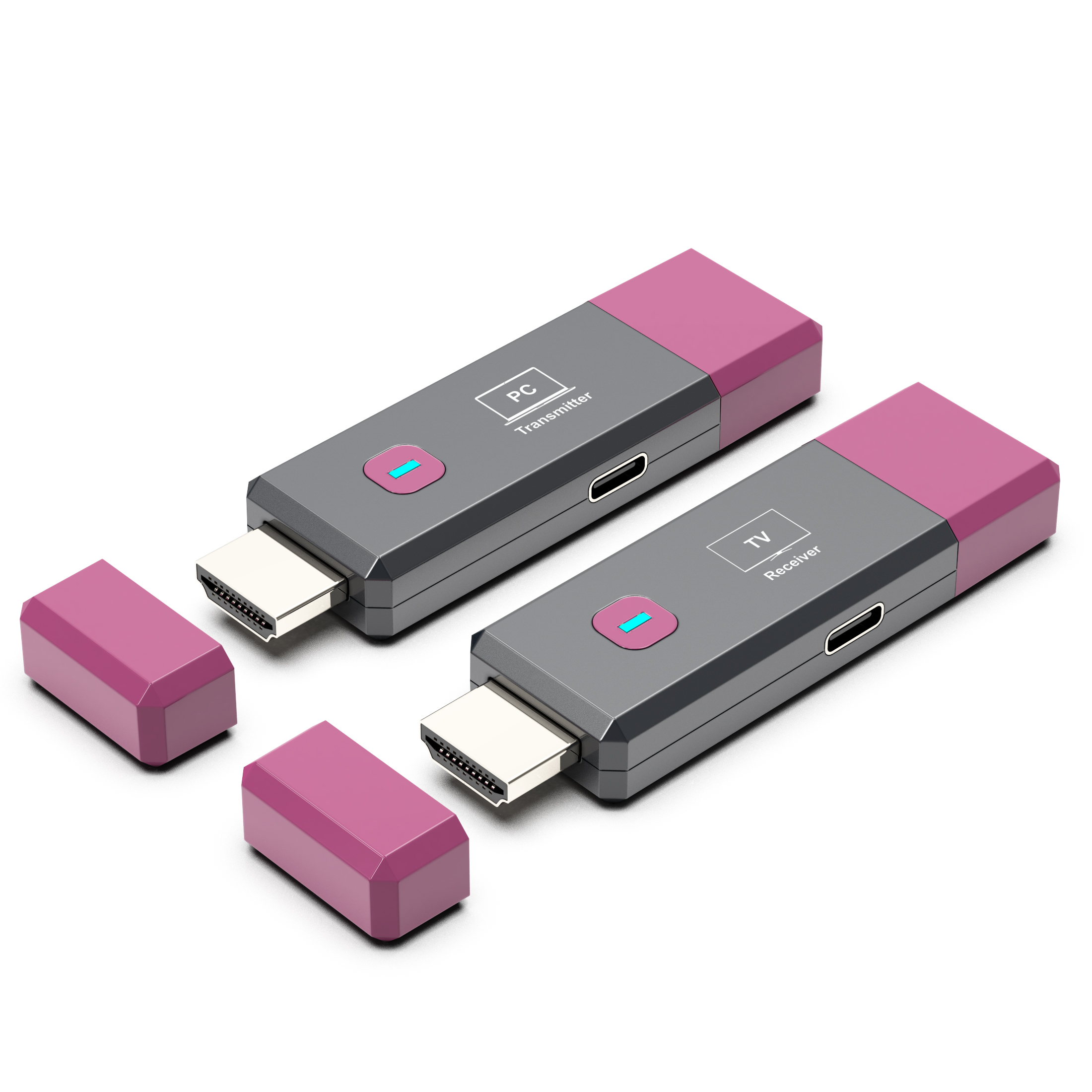 Dwa szare urządzenia nadajnik/odbiornik HDMI z różowymi nakładkami. Jeden z napisem PC Transmitter.