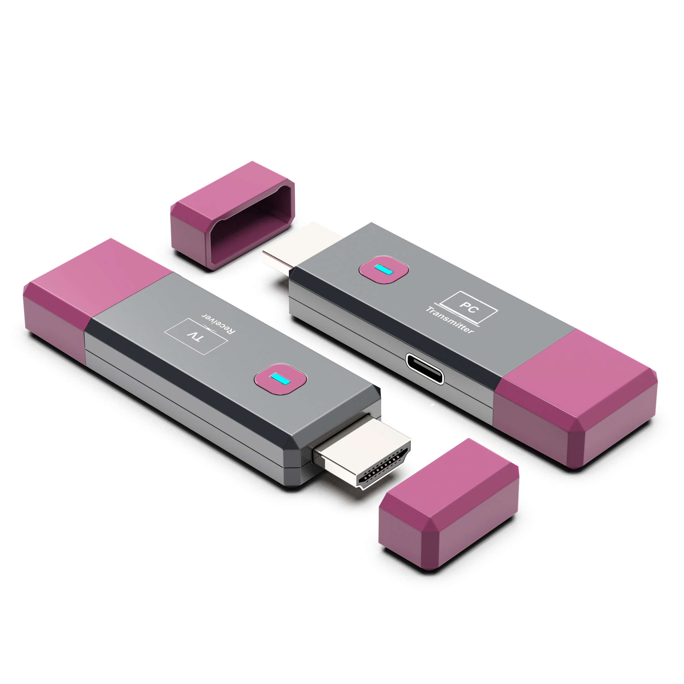 Dwa szare adaptery HDMI z różowymi nakładkami. Jeden oznaczony jako TV Receiver.