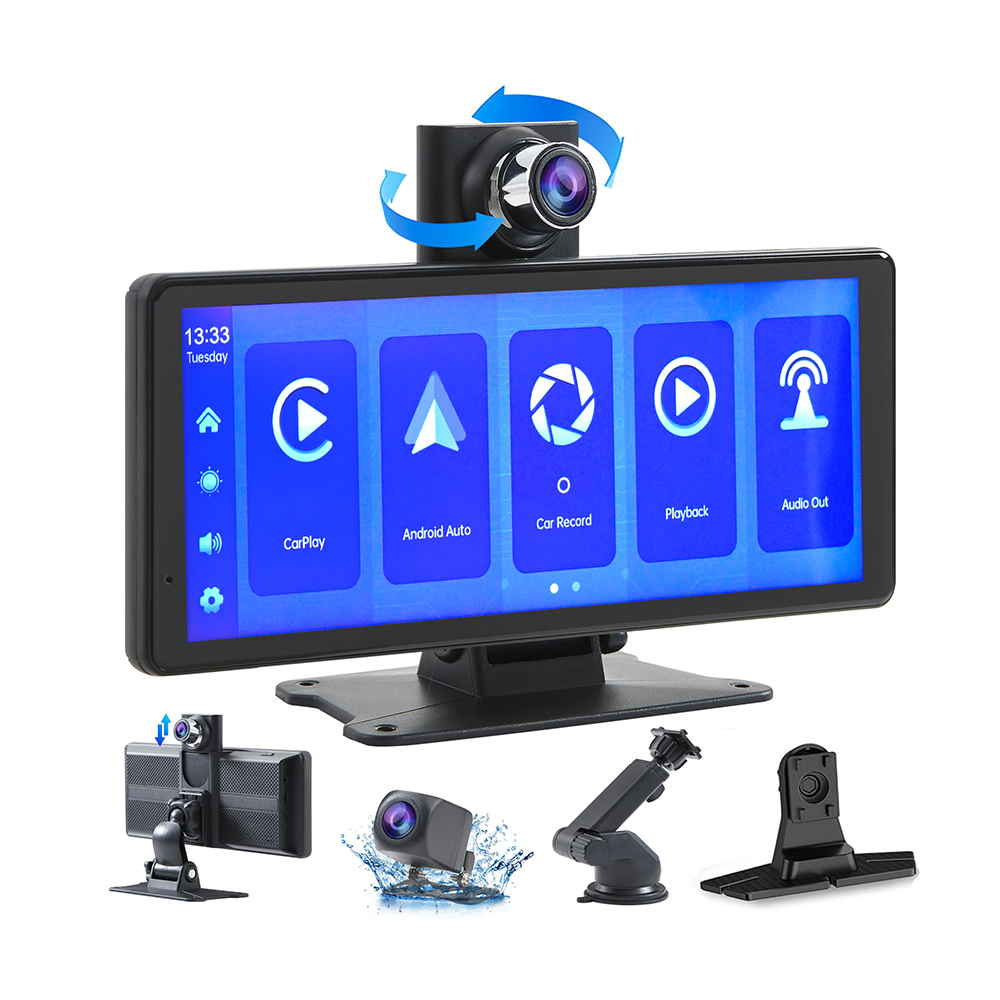 Kamera samochodowa z obrotowym obiektywem, ekranem dotykowym i akcesoriami.
