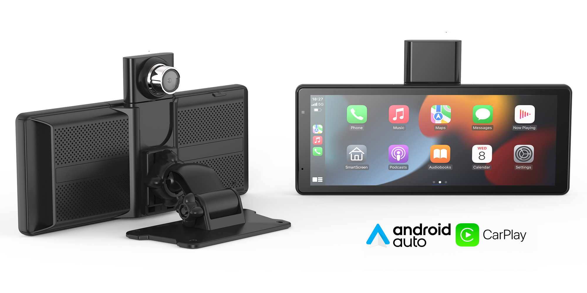 Czarny zestaw samochodowy z kamerą i ekranem dotykowym wyświetlającym Android Auto/CarPlay.