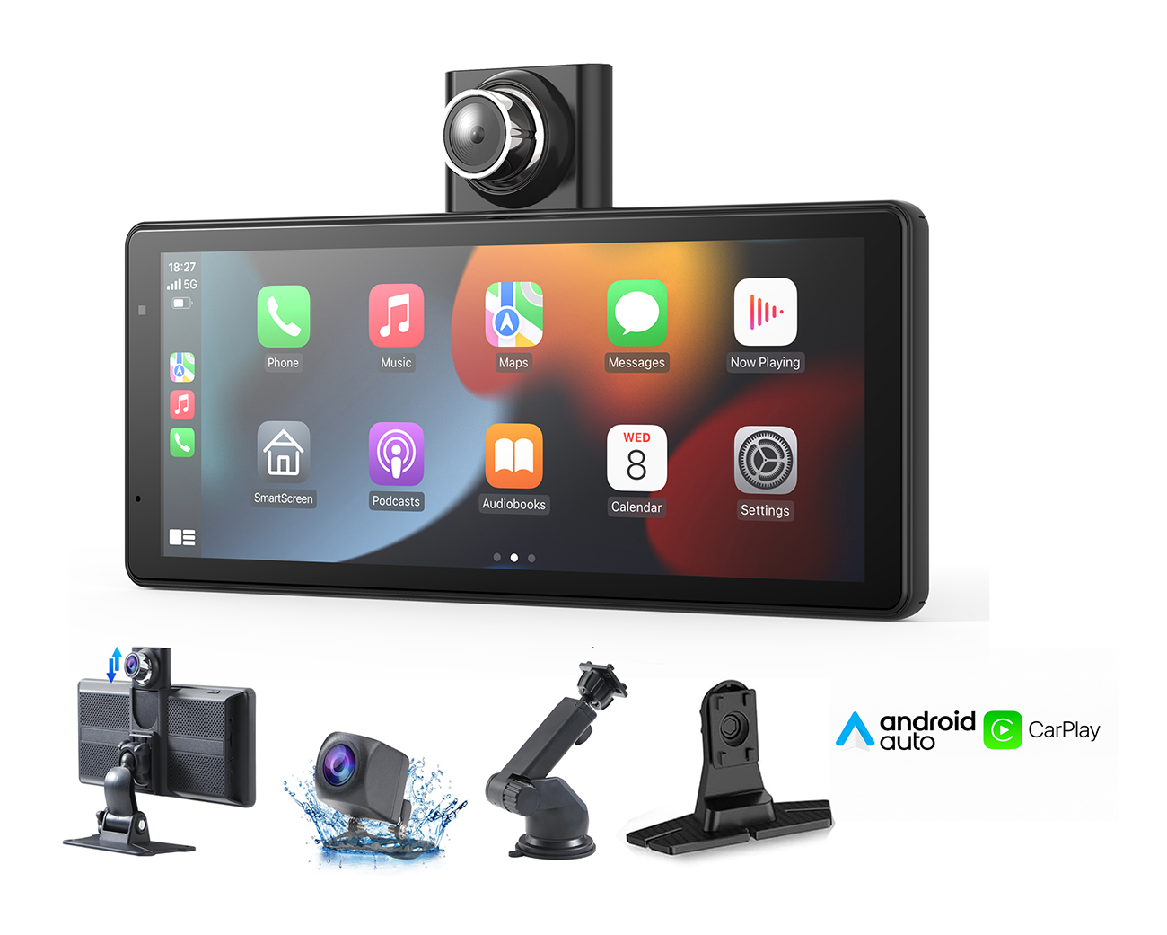 Wyświetlacz radia samochodowego z kamerą i akcesoriami.
