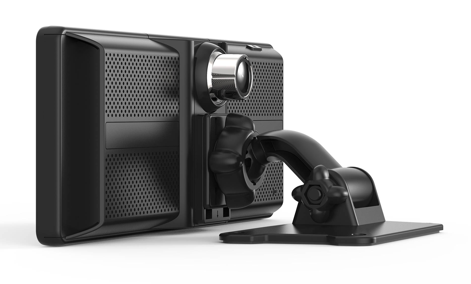 Czarne urządzenie z obiektywem i elastycznym mocowaniem na białym tle.