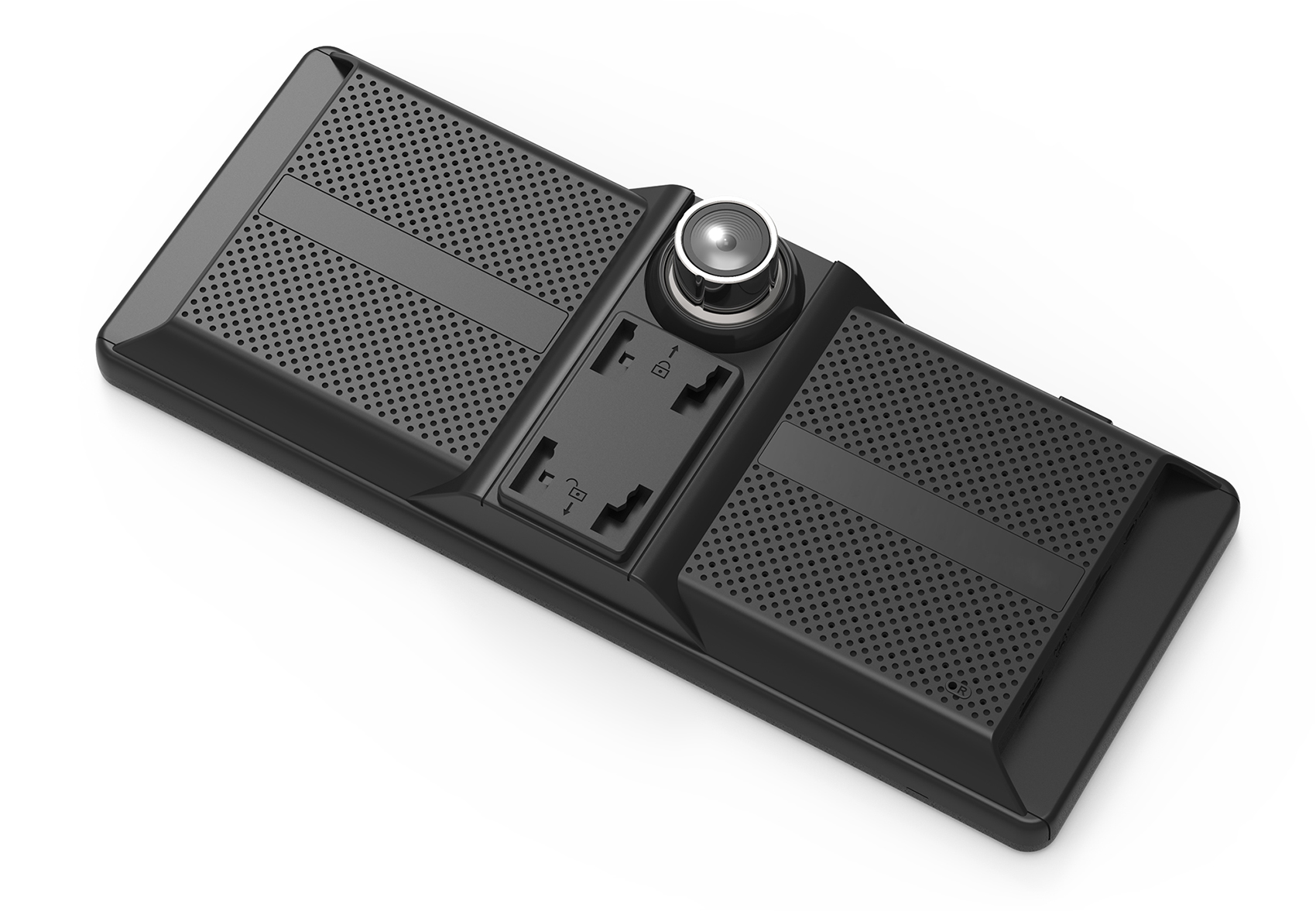 Czarna obudowa kamery samochodowej z perforacjami i modułem kamery.