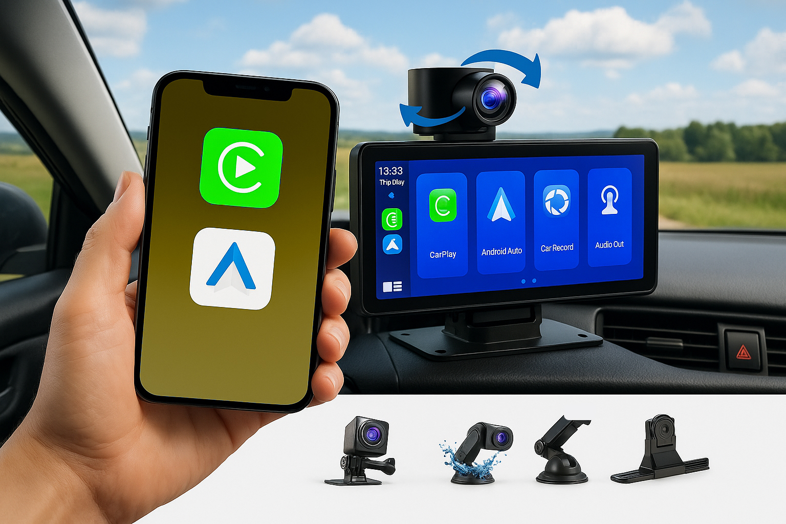 Widoczne są smartfon i ekran radia samochodowego z aplikacjami.