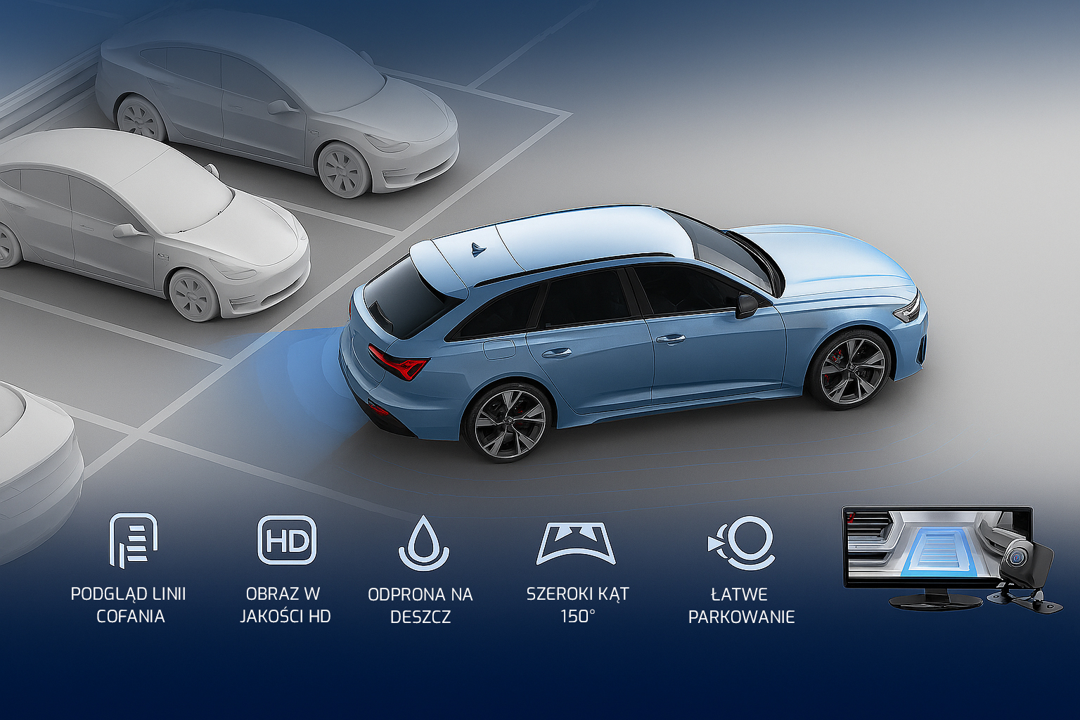 Niebieski samochód parkuje tyłem, otoczony szarymi samochodami. Ikony pokazują funkcje wspomagania parkowania.
