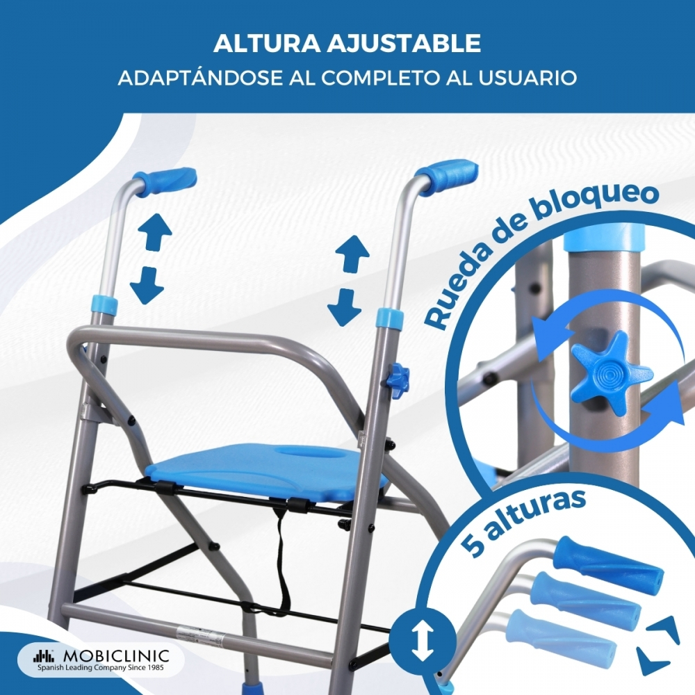 Andador ajustable con mangos y asiento azules. Muestra ajuste de altura.