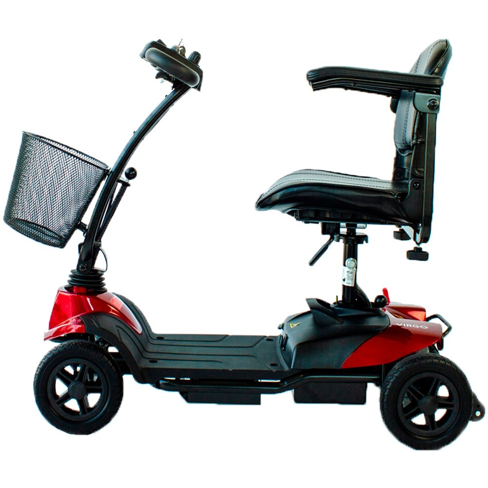 Scooter de movilidad rojo con asiento negro y cesta delantera.
