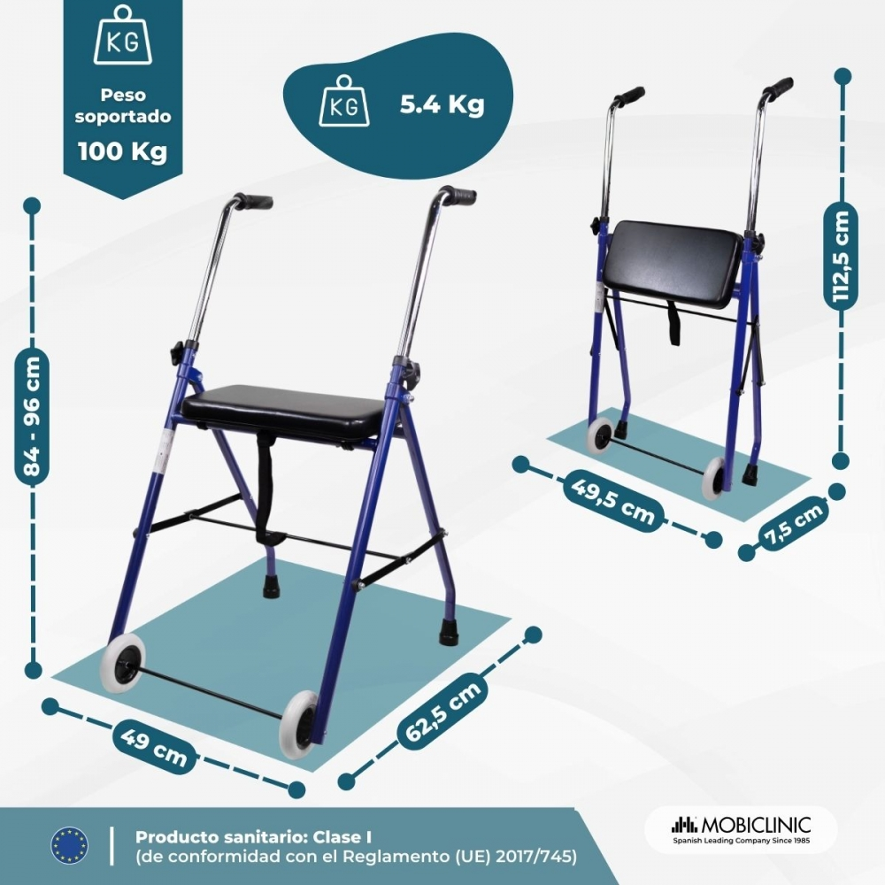 Un andador azul con asiento y asas. Se indican dimensiones y peso.