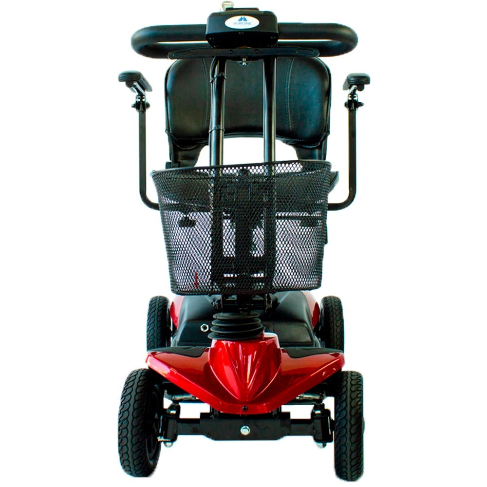 Un scooter de movilidad rojo con cesta y asiento negros, visto de frente.