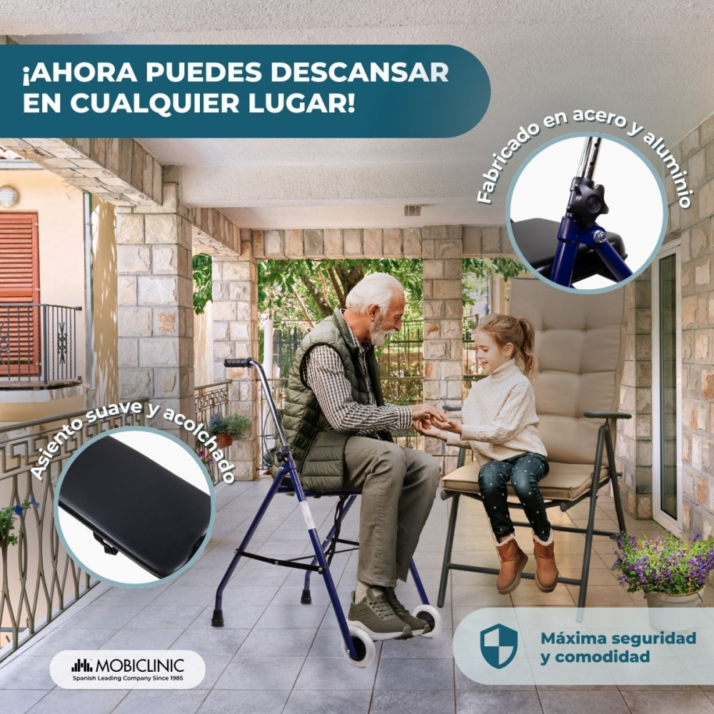 Un anciano se sienta con una niña en un porche. Usa un andador azul con asiento.