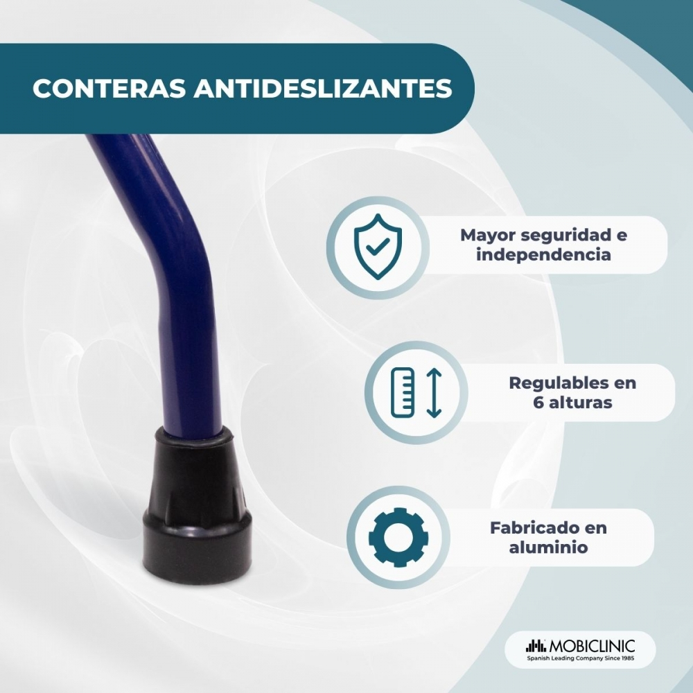 Un bastón azul con punta de goma negra. Iconos de seguridad, altura y aluminio a su lado.