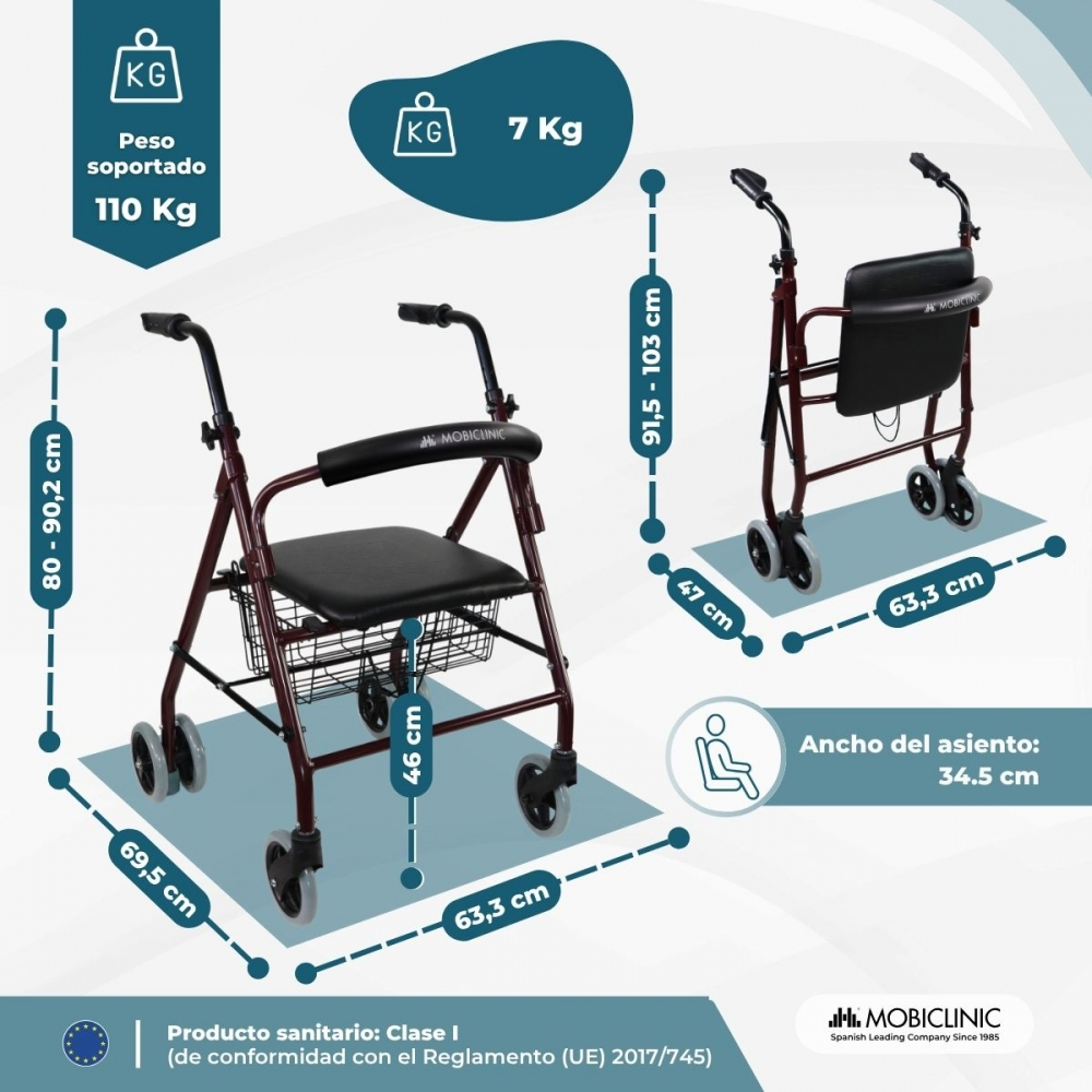 Un andador rojo con asiento y cesta. Se indican dimensiones y pesos.