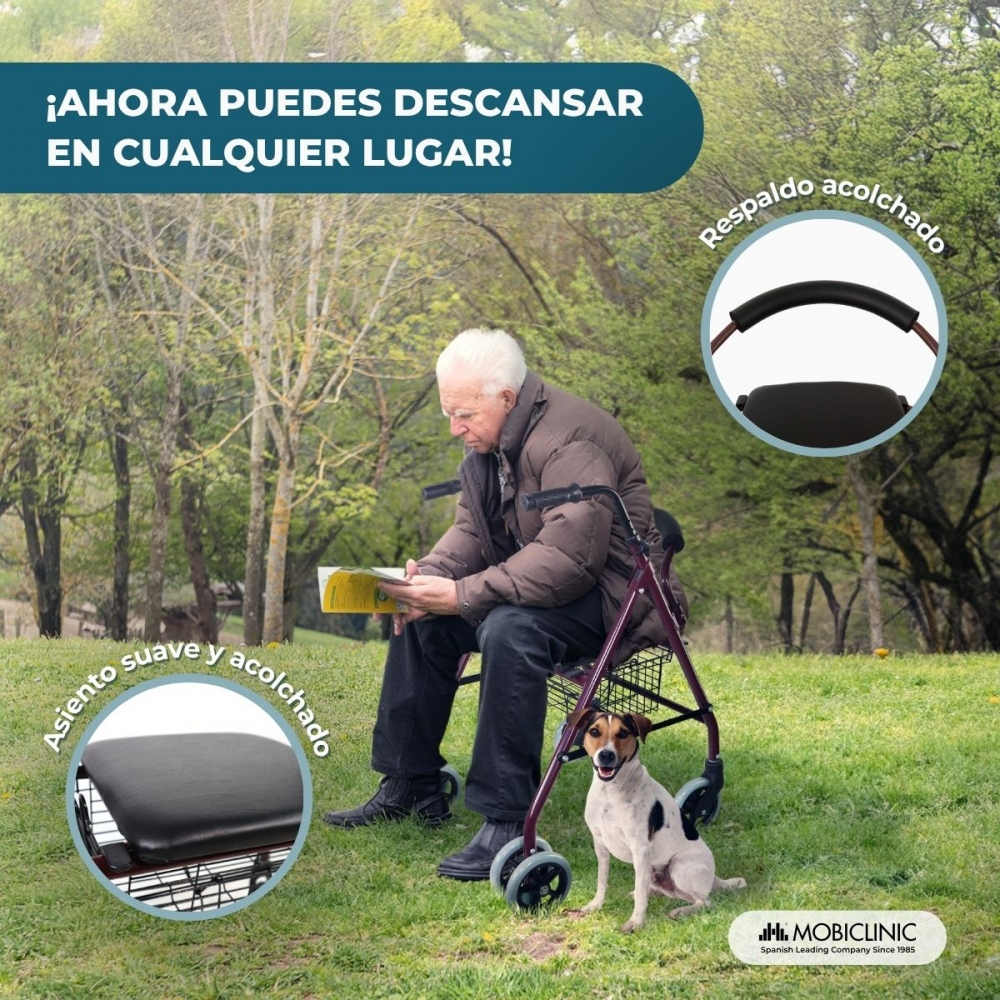 Un anciano sentado en un andador lee un libro con un perro al lado al aire libre.