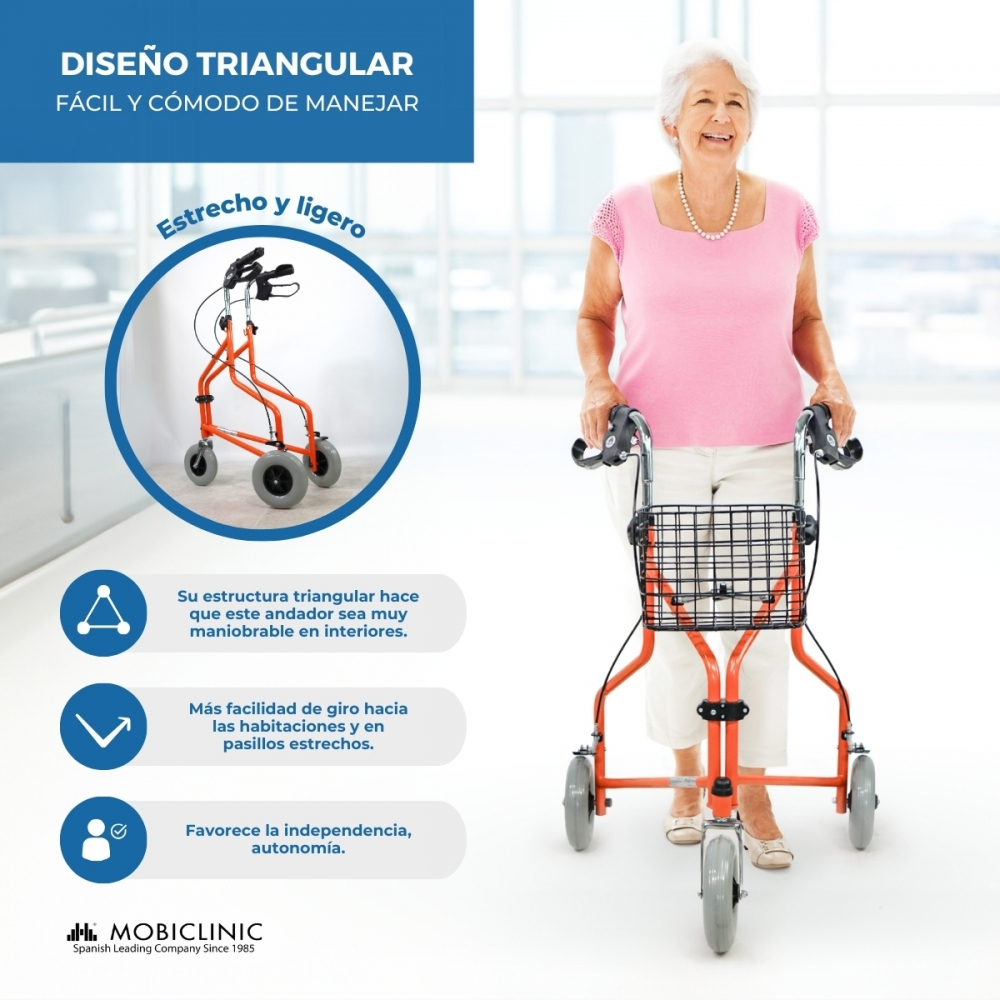 Una anciana sonríe mientras usa un andador naranja con cesta.