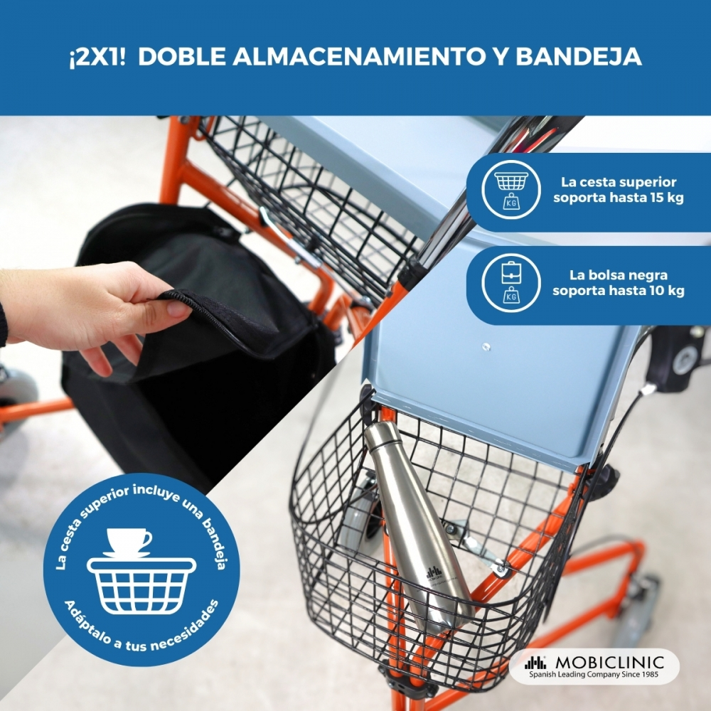 Un andador naranja con bolsa negra, cesta y bandeja. Capacidad máxima: 15 kg.