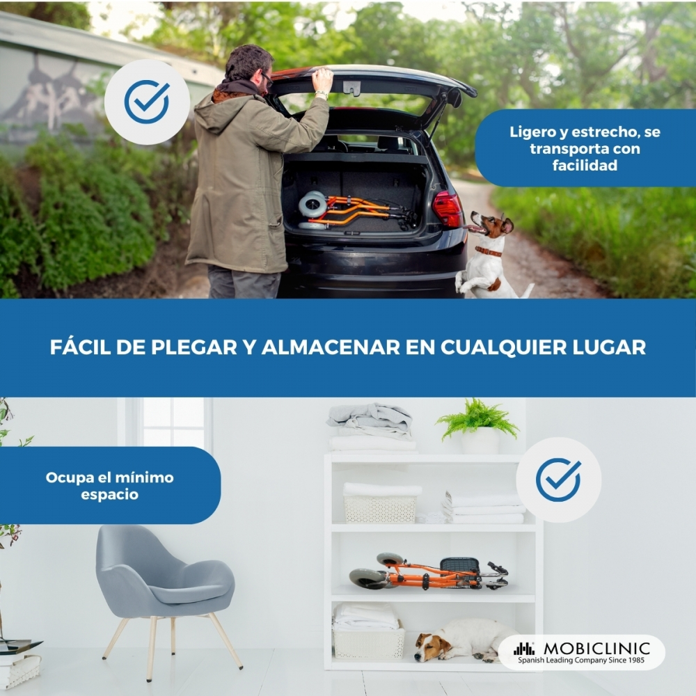Un hombre carga un andador naranja en un coche. Un perro mira.