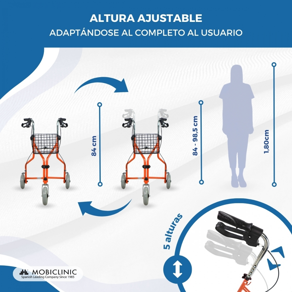 Andador ajustable para usuario de 1,80 m, rango 84-98,5 cm.
