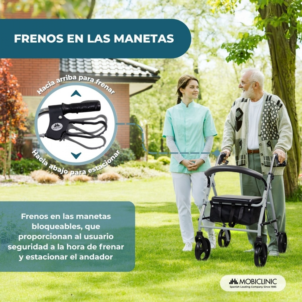 Hombre y mujer con andador afuera. Primer plano de las palancas de freno.