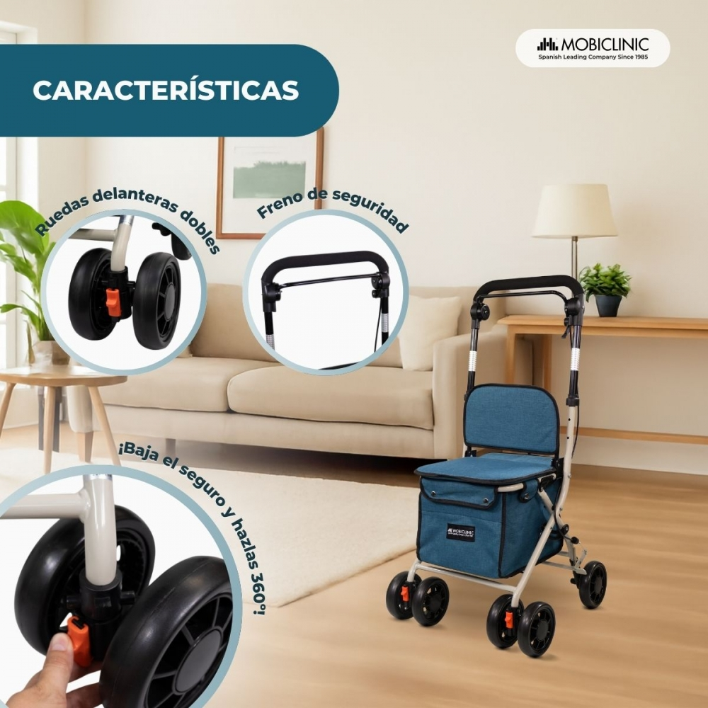 Un andador azul con asiento y bolsa está en una sala de estar.