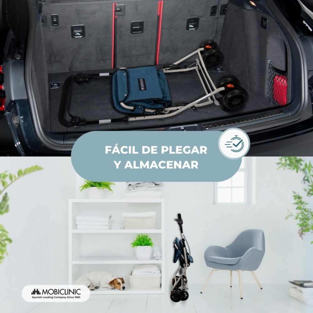 Un cochecito plegado en el maletero de un coche y en una habitación.