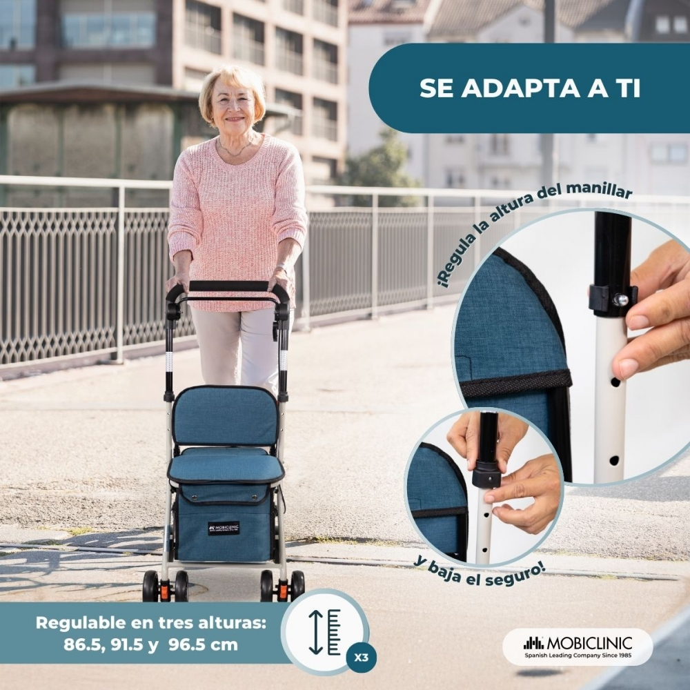 Mujer mayor empujando un andador azul con asiento al aire libre.