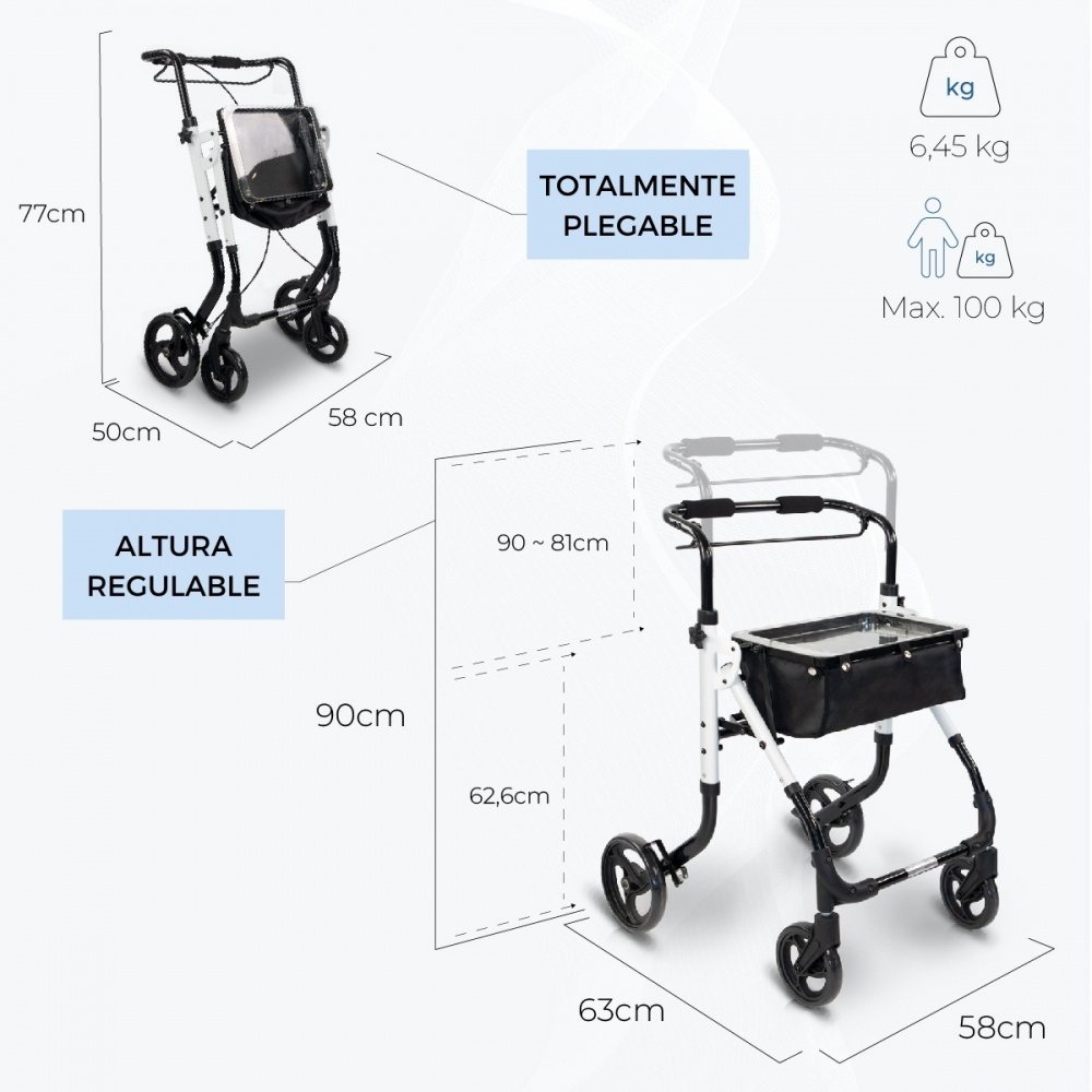 Un andador rollator blanco y negro con dimensiones y peso.