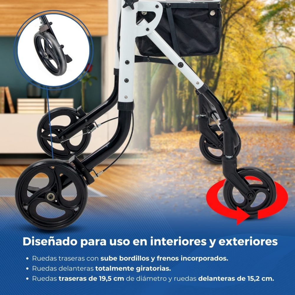 Un andador blanco y negro con cesta y cuatro ruedas, dos delante y dos detrás.