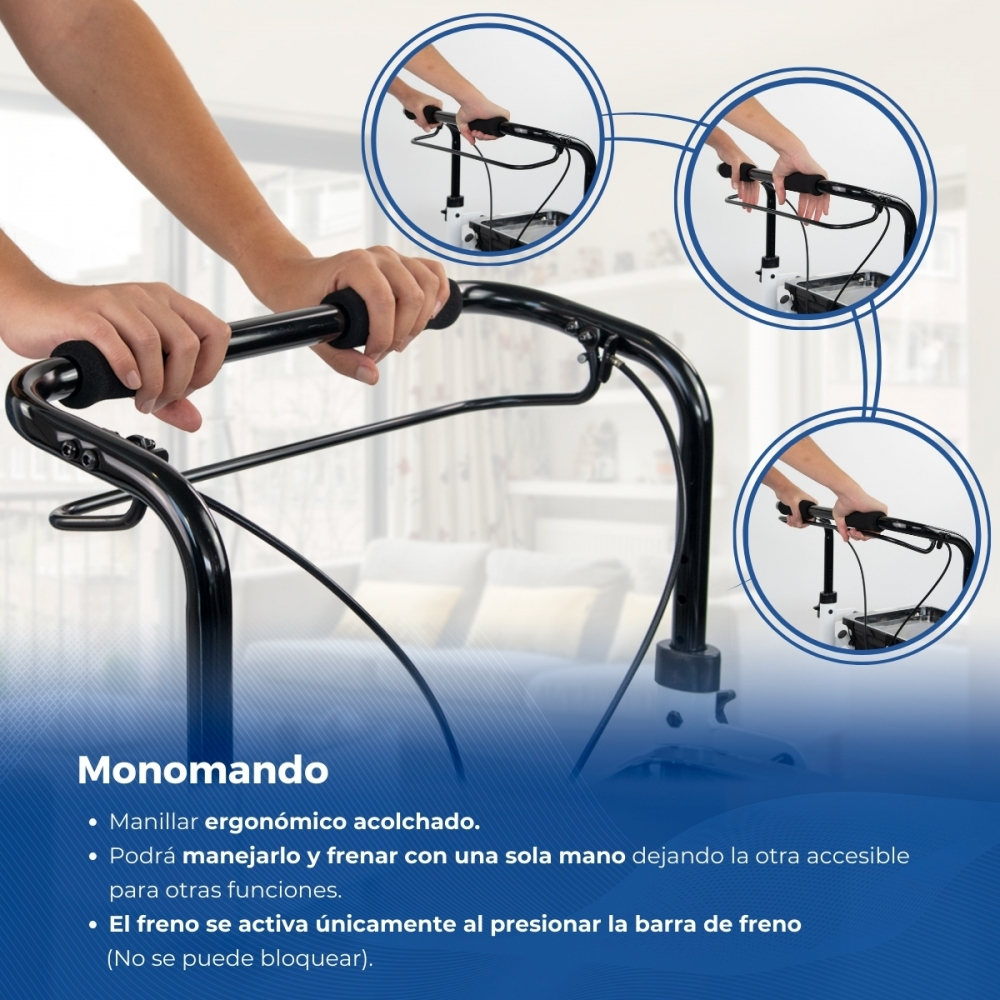 Persona usando un andador, con primeros planos de los mangos ergonómicos.