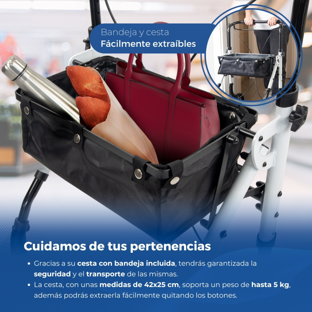 Un andador con cesta negra que contiene una botella, pan y bolso.