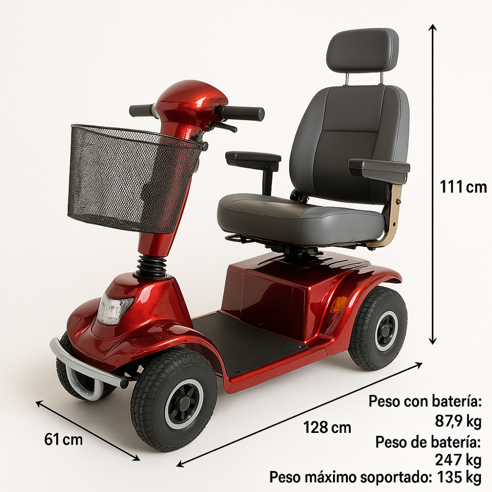 Scooter de movilidad rojo con cesta, asiento y dimensiones.